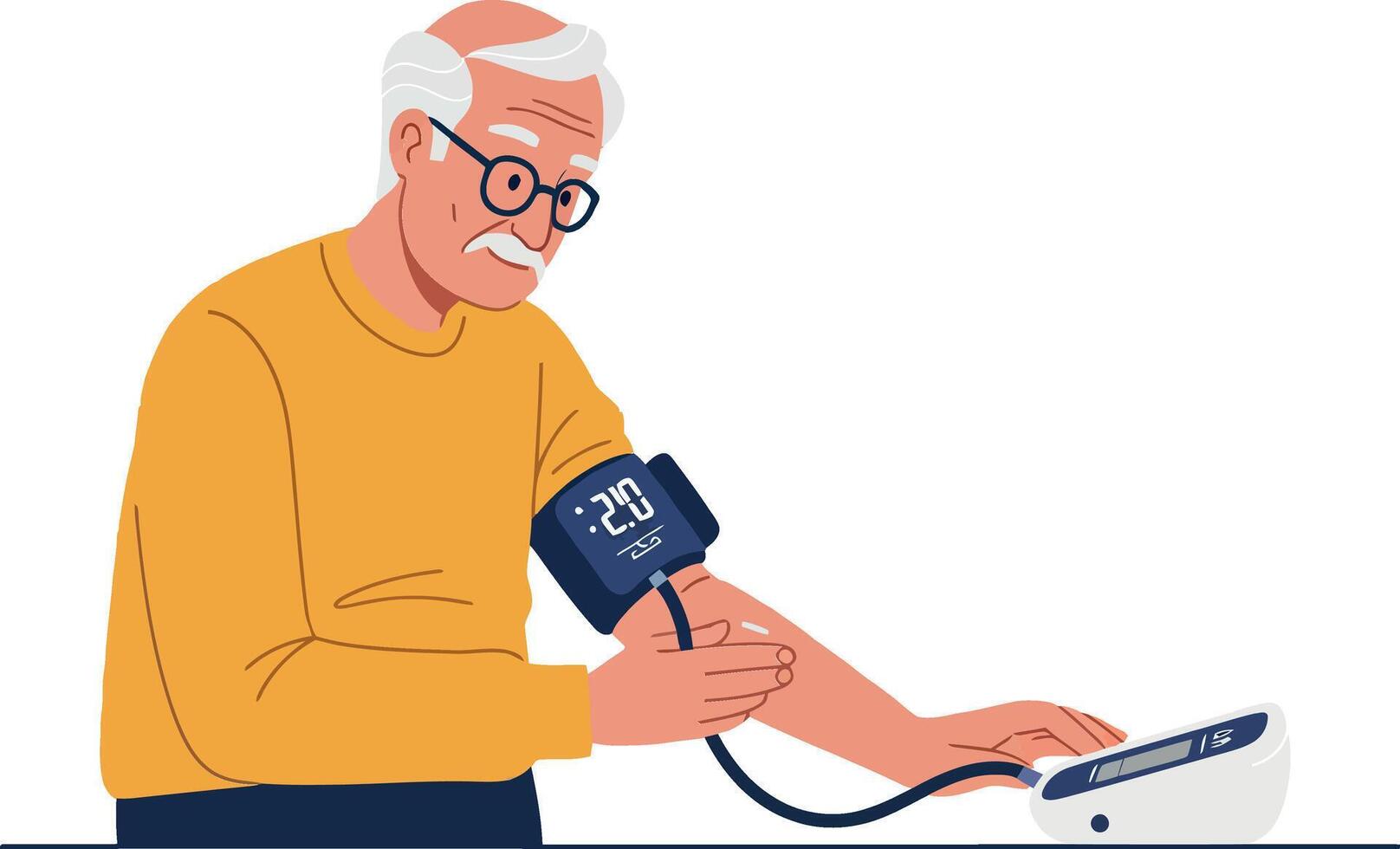 Elderly man measuring blood pressure with digital monitor in flat design art style, showcasing health awareness and care in a calm setting vector