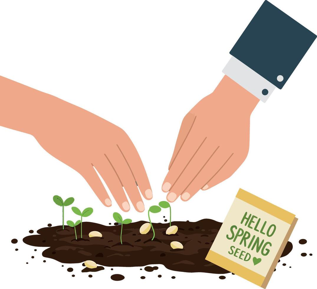 Two hands planting seeds into rich soil while nurturing tiny green sprouts in a flat illustration vector