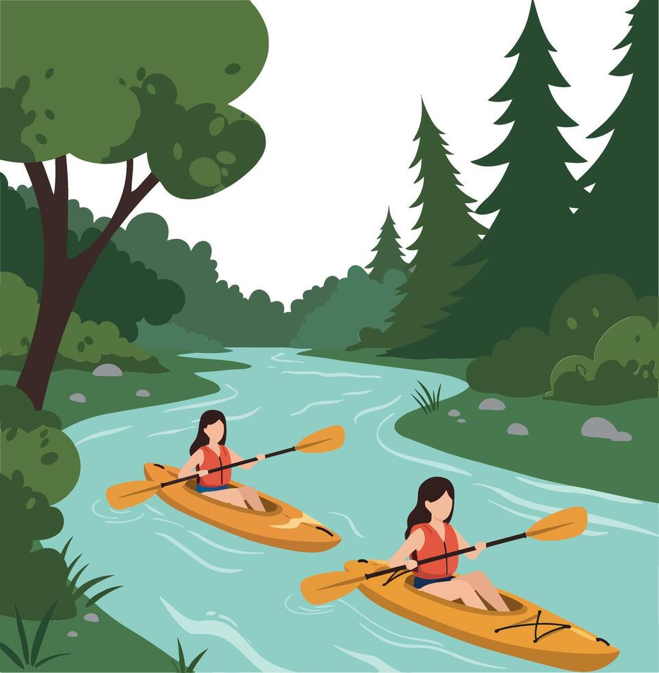 Two women kayaking on a serene river surrounded by lush greenery in a flat illstration vector