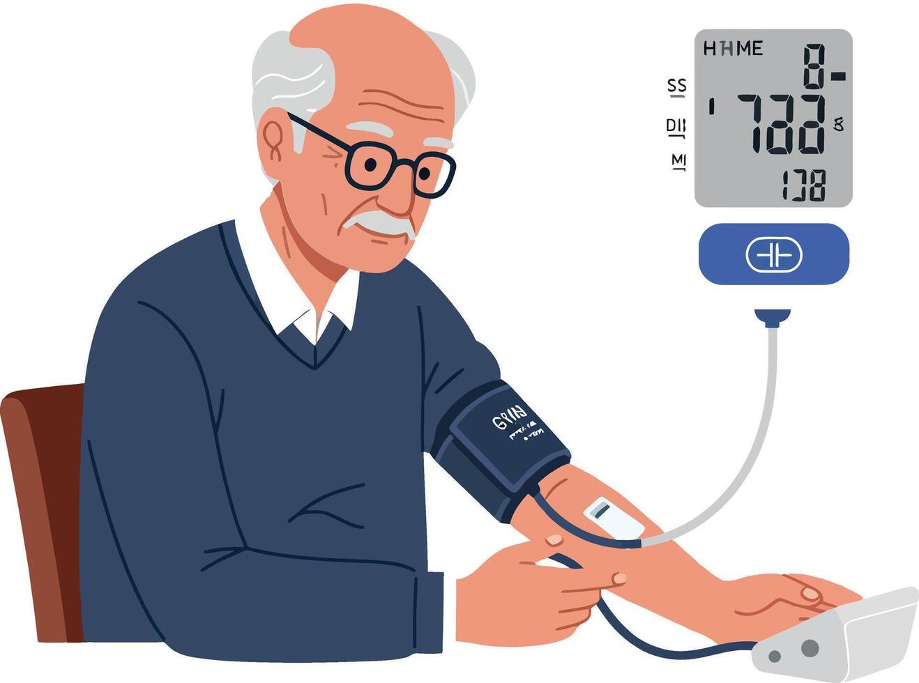 Elderly man measuring his blood pressure in a flat, minimal style illustration with a medical device and caring expression vector