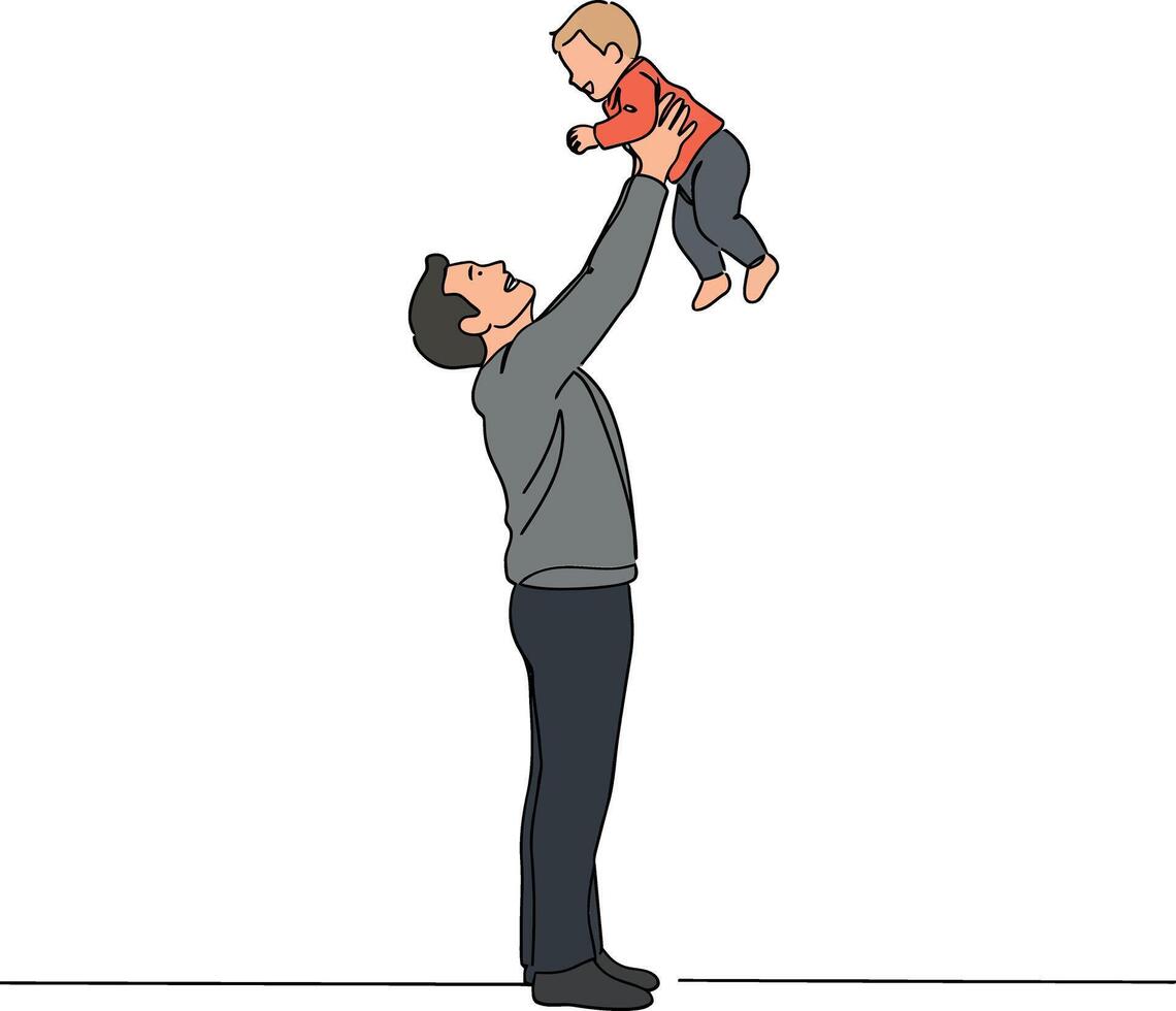 A joyful father lifting his child in the air, showcasing love and connection in a minimal flat design illustration vector