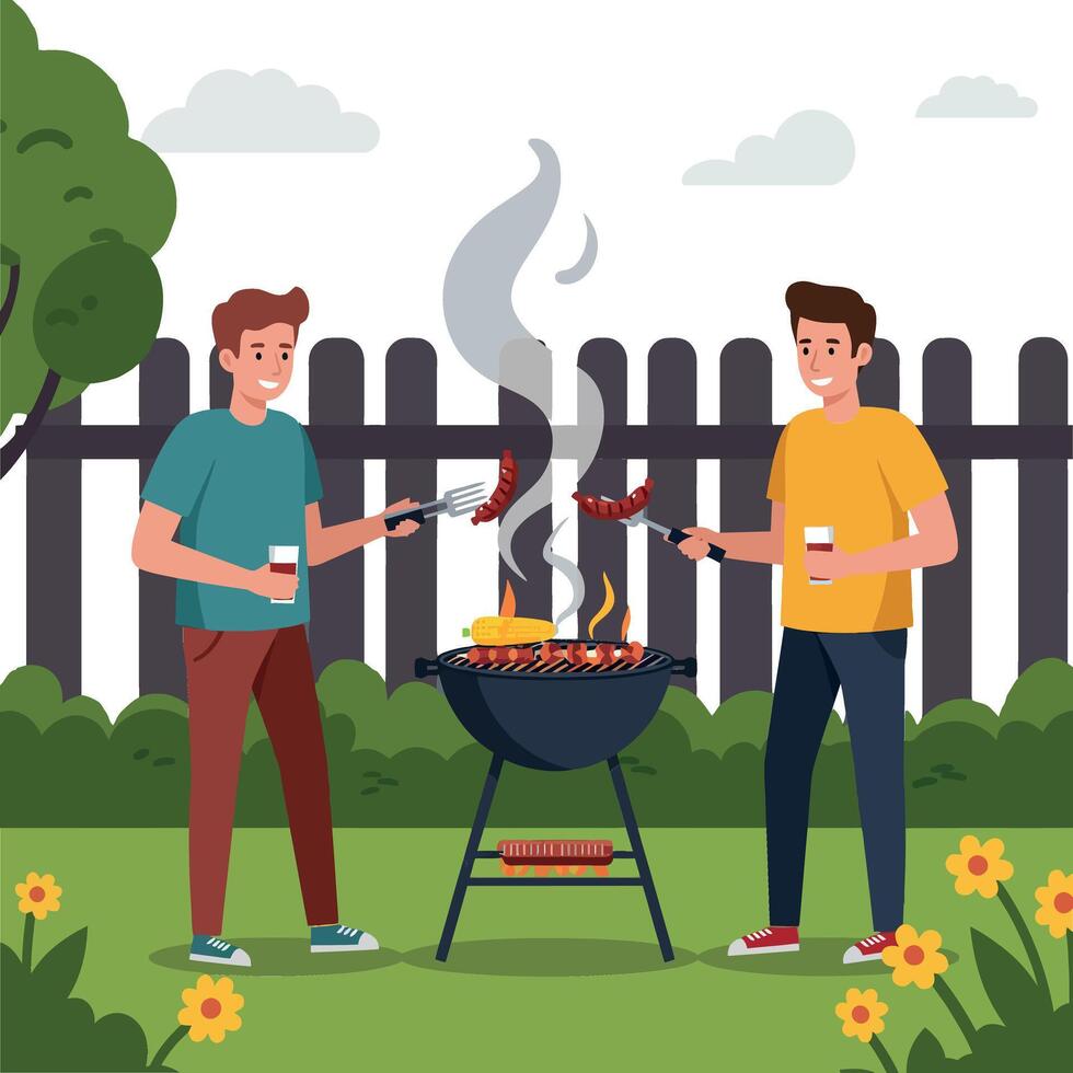 Two friends enjoying a summer barbecue in a vibrant garden, detailed illustration of grilling and laughter vector