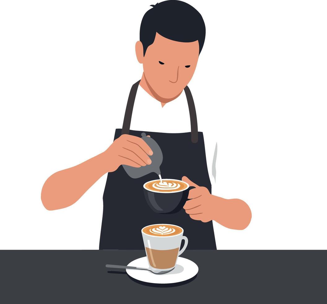 Barista skillfully pouring latte art into a coffee cup while focused on his craft in a flat illustration vector
