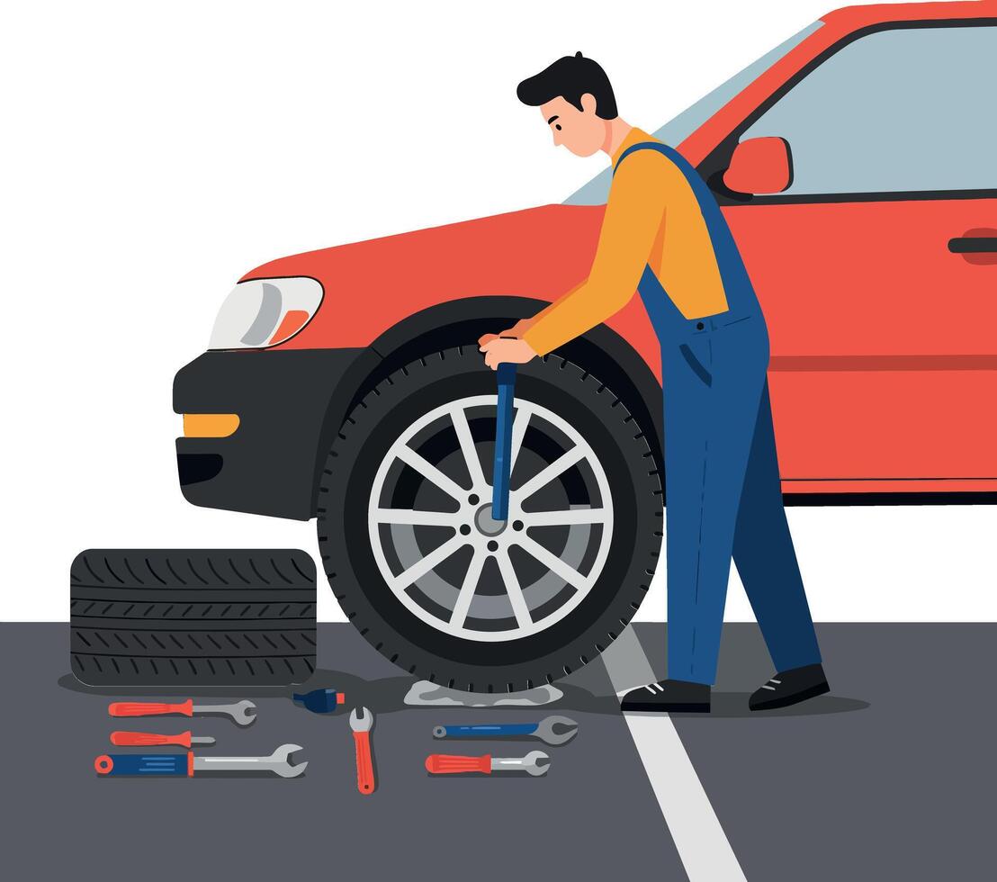 A man in blue overalls changing a tire on a red car using tools in a flat illustration vector