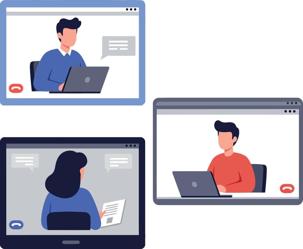 Three individuals engaged in virtual meetings on their laptops, showcasing a flat design style in art vector