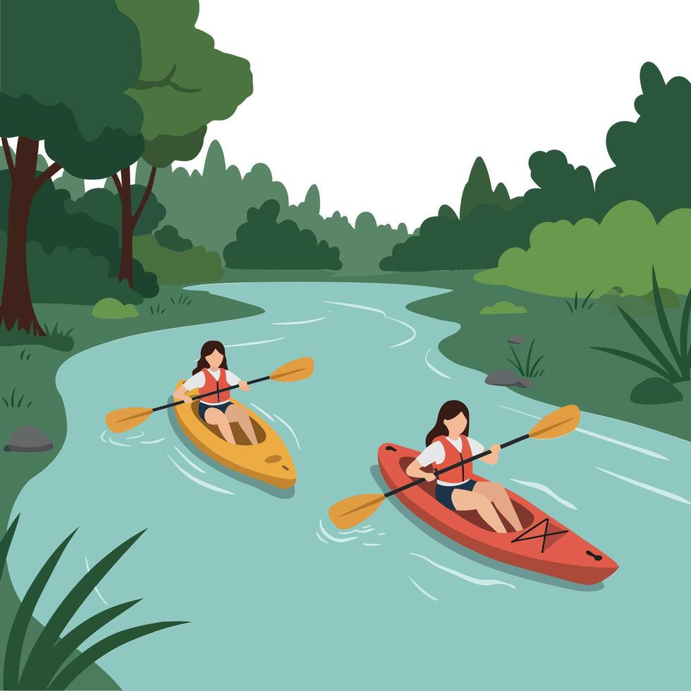 Two women kayaking on a serene river surrounded by lush greenery vector