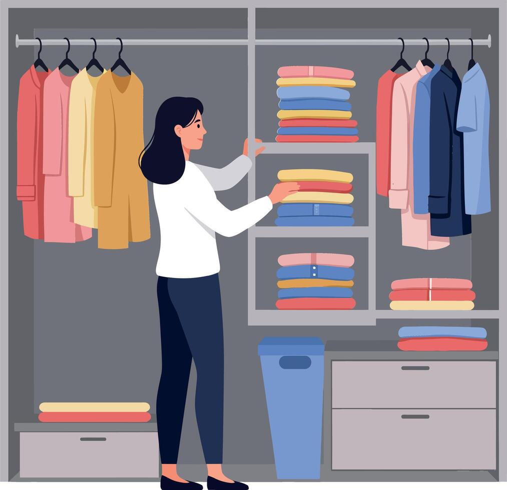 Woman organizing her colorful wardrobe in a minimalist closet while folding clothes in flat art vector