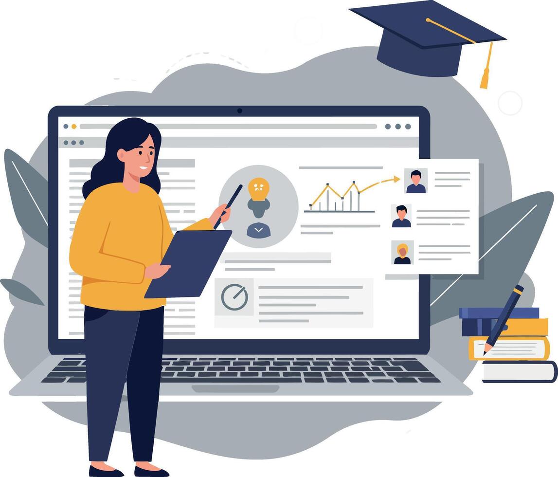 A woman in a yellow sweater analyzing data on a laptop surrounded by books and a graduation cap in flat illustration vector