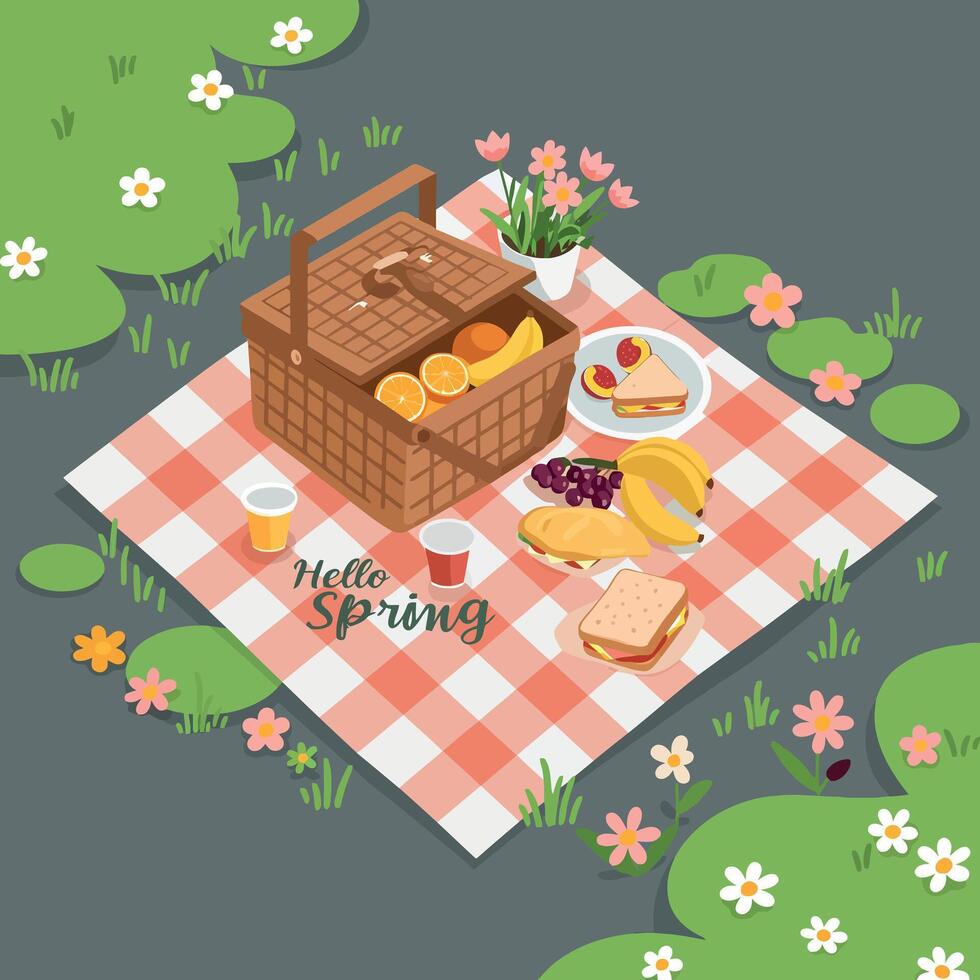 A delightful spring picnic scene featuring a woven basket, colorful fruits, and tasty snacks in a flat illustration vector