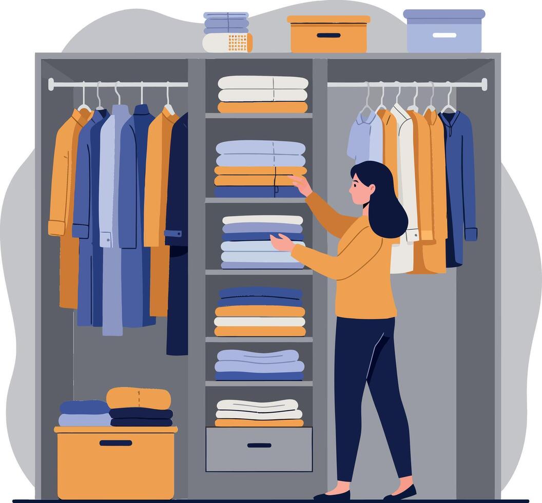 A woman organizing a colorful wardrobe with neatly folded clothes in a minimal style illustration vector