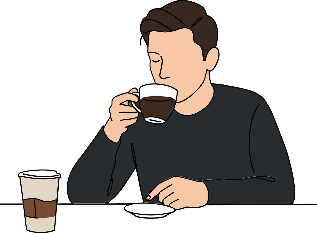 A man enjoying a cup of coffee while seated at a table in a minimalist setting featuring flat design art vector