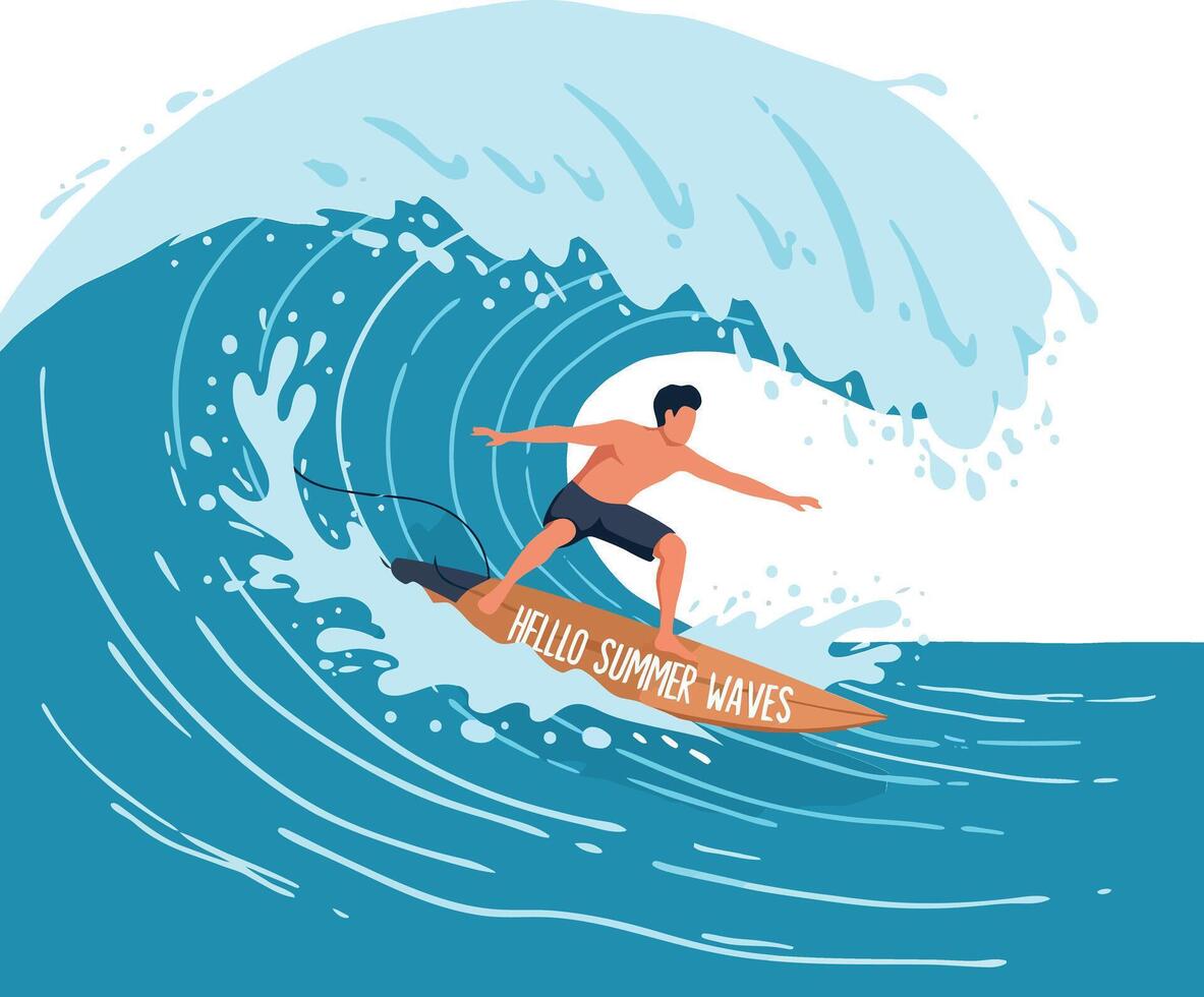 A surfer skillfully riding a large ocean wave in a vibrant, flat design style illustration vector