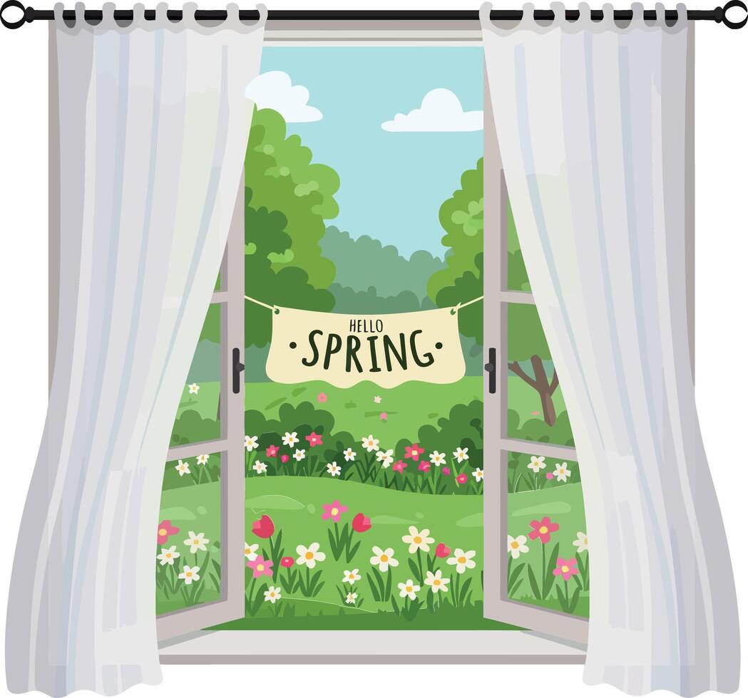 A bright window scene showcasing lush greenery and blooming flowers in a flat illustration with a cheerful Hello Spring banner vector