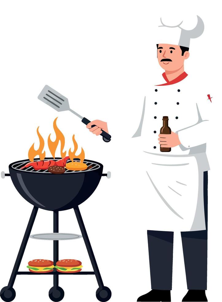 Chef grilling meat and vegetables over a charcoal barbecue in a lively outdoor setting, flat illustration vector