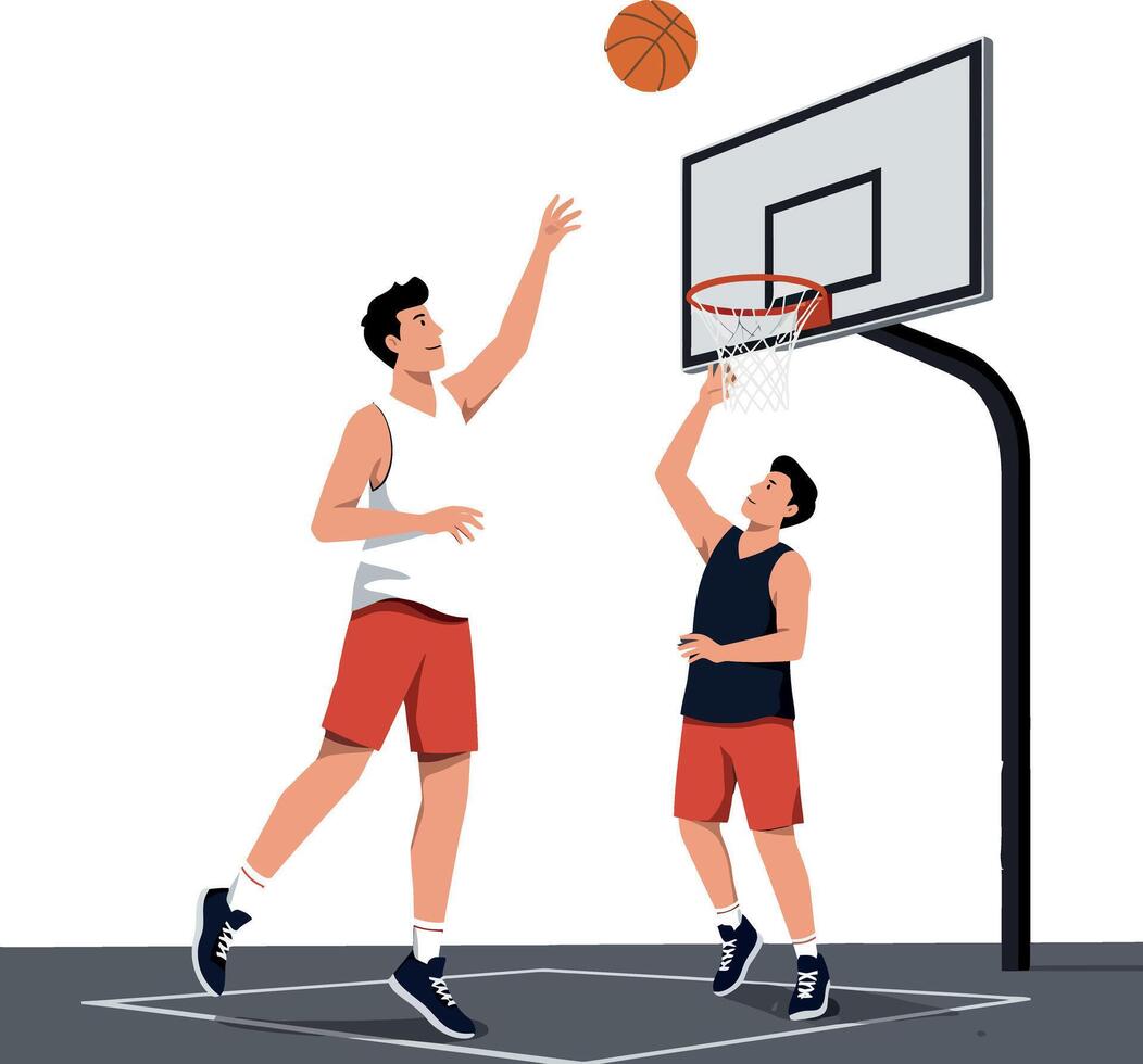 Two basketball players engaging in a friendly game with a flat design style featuring vibrant colors and dynamic motion, illustration vector