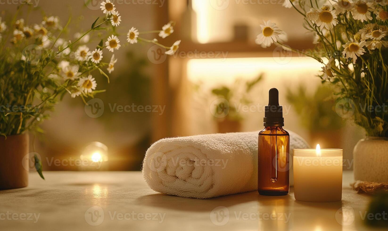 a candle and a bottle of essential oil sit on a table photo