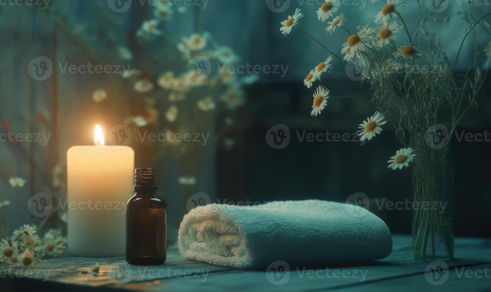 A candle is lit on a table next to a bottle of essential oil and a white towel photo