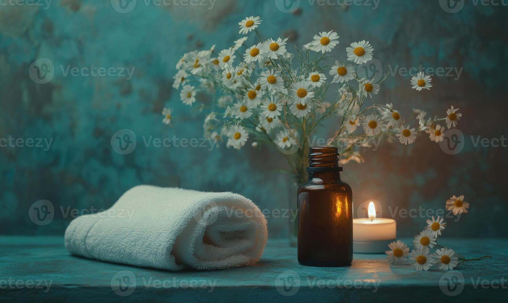 A bottle of essential oil is on a table next to a white towel and a candle photo