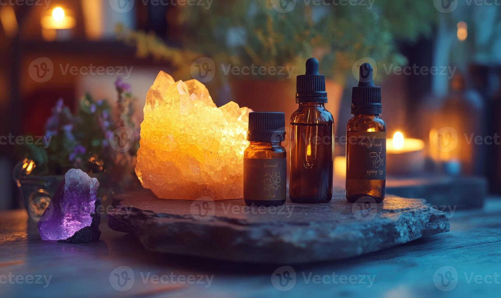 Three bottles of essential oils are on a table next to a crystal ball photo