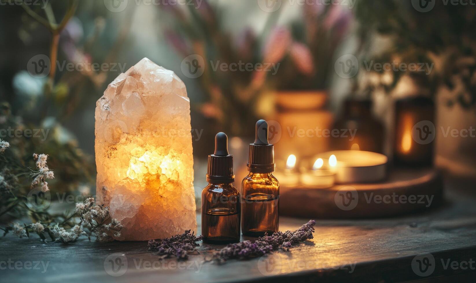 Two bottles of essential oils are on a table next to a crystal lamp photo