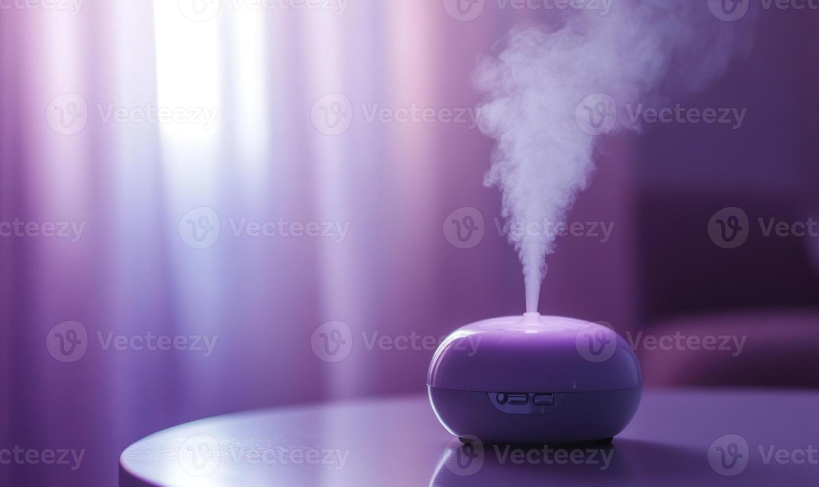 A small purple diffuser sits on a table photo
