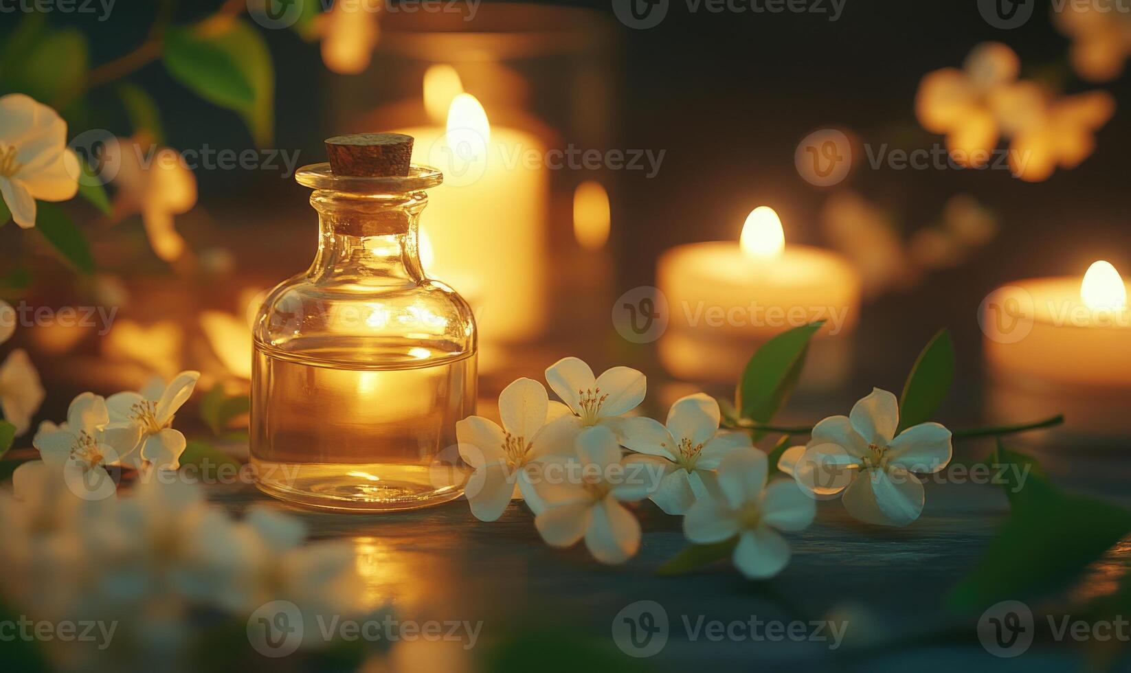 A bottle of essential oil is on a table next to some candles photo