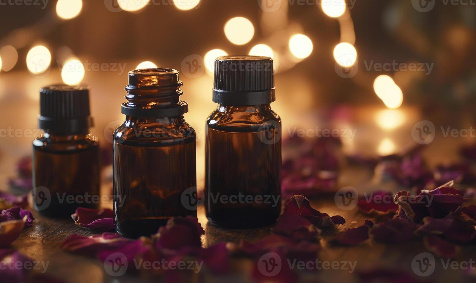 three bottles of essential oils on a wooden table with pink petals photo