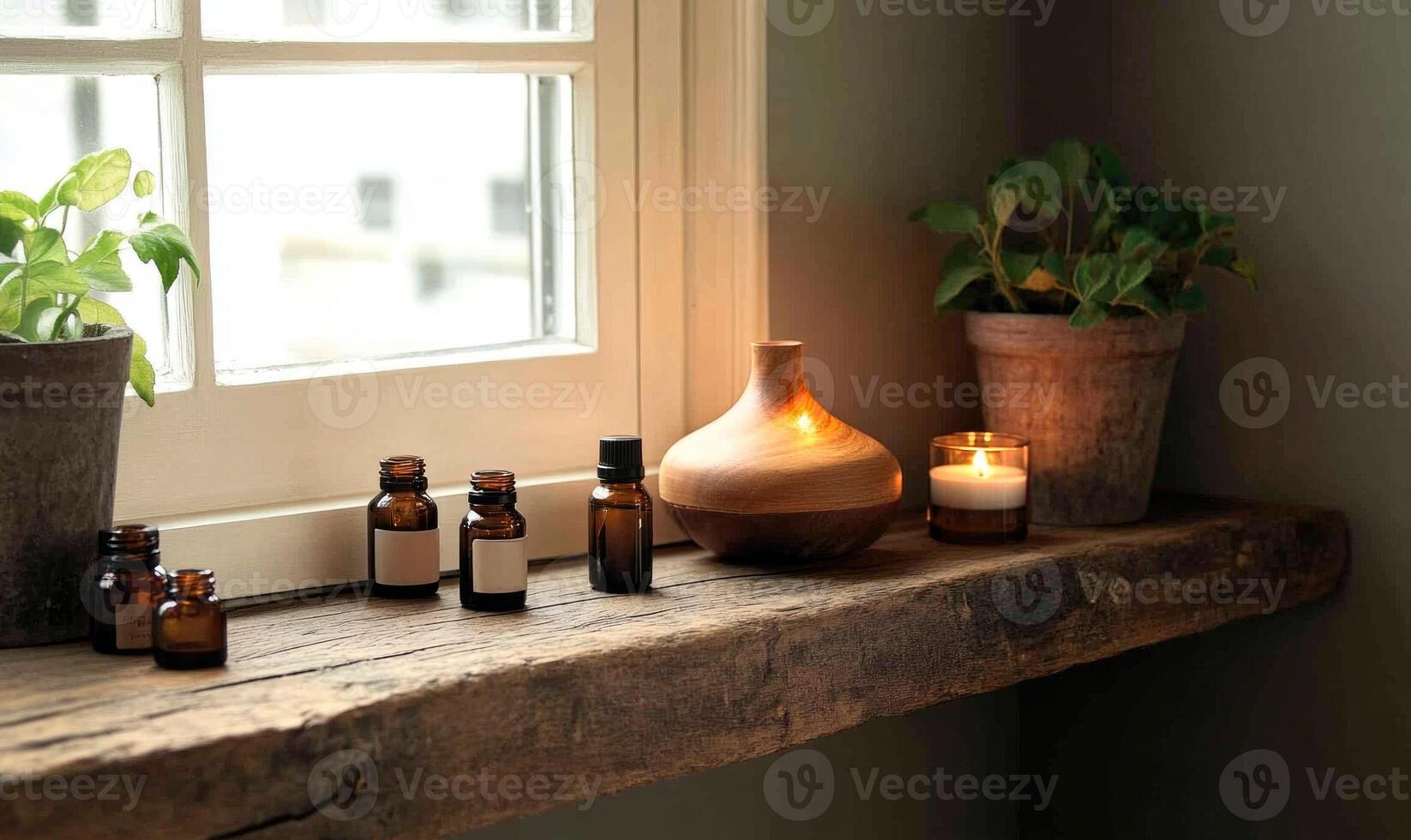 A wooden shelf with candles, incense, and plants photo