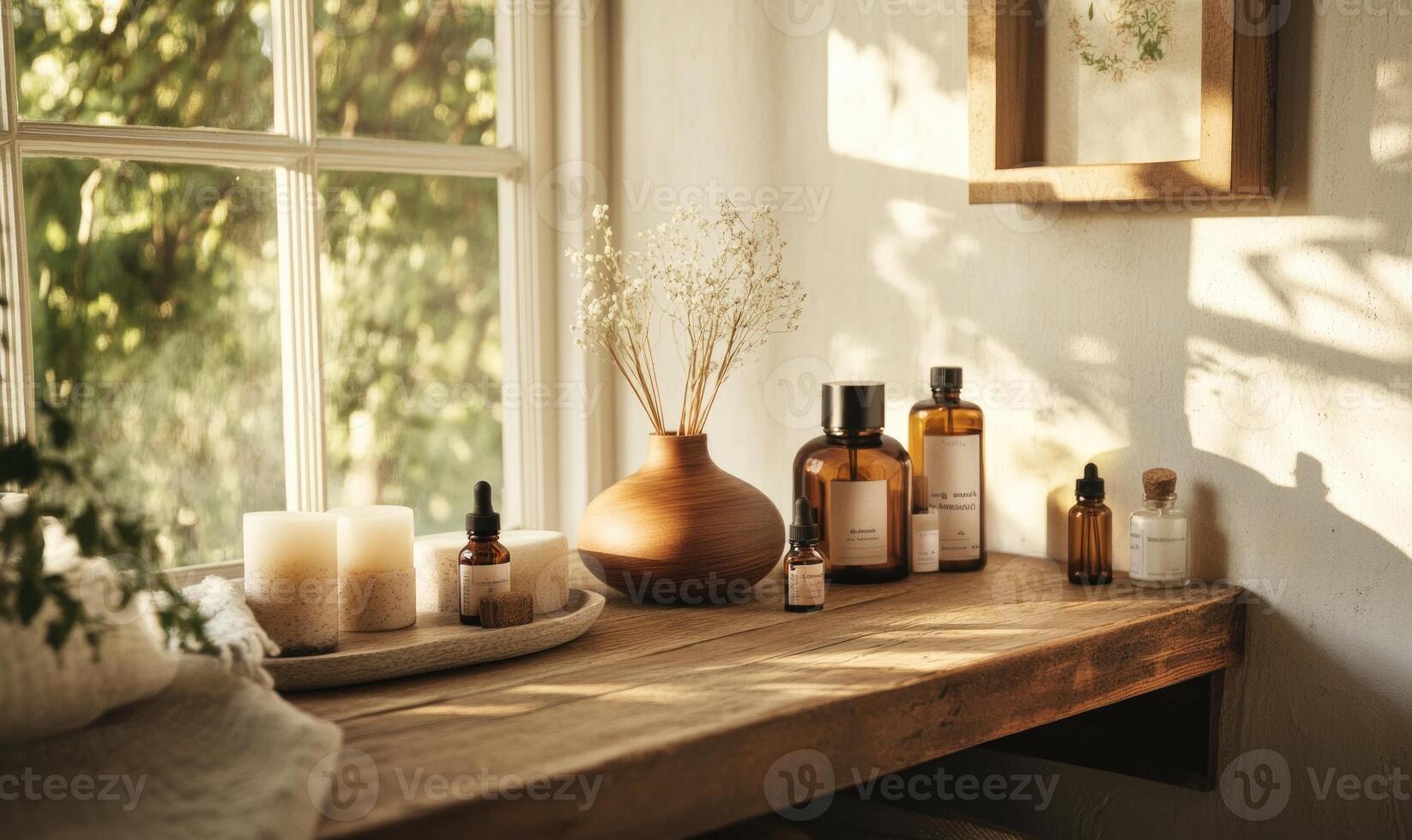 A wooden table with a vase of flowers and several bottles of perfume photo