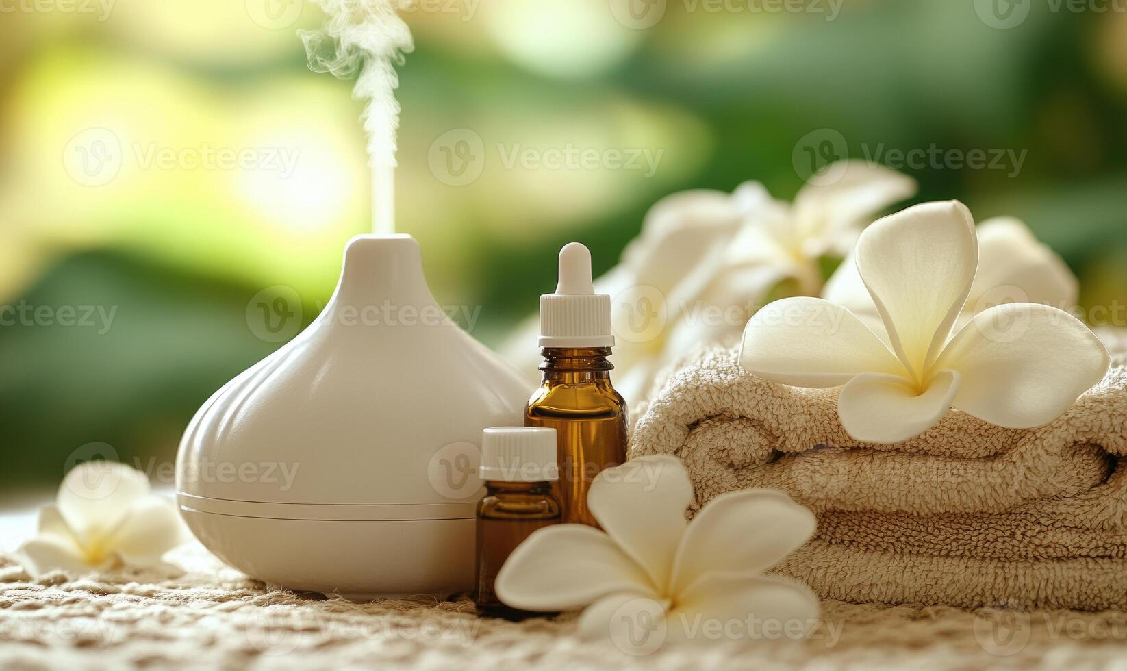 A white diffuser with a green bottle next to it photo