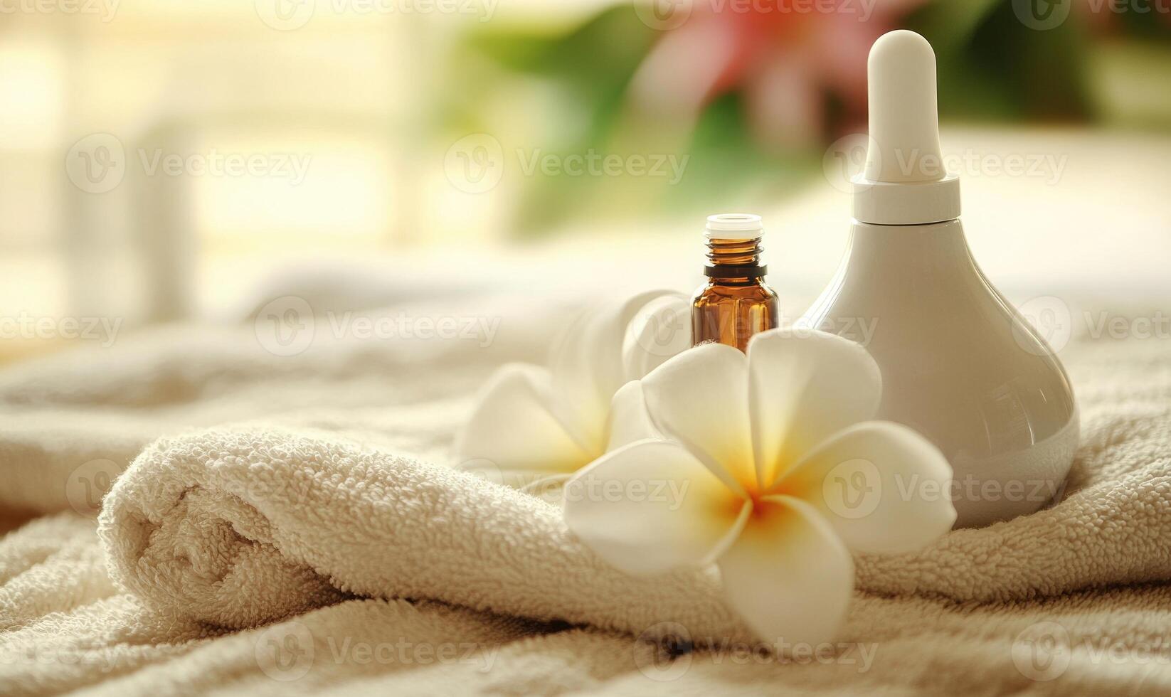 A bottle of perfume is next to a white towel with a flower on it photo