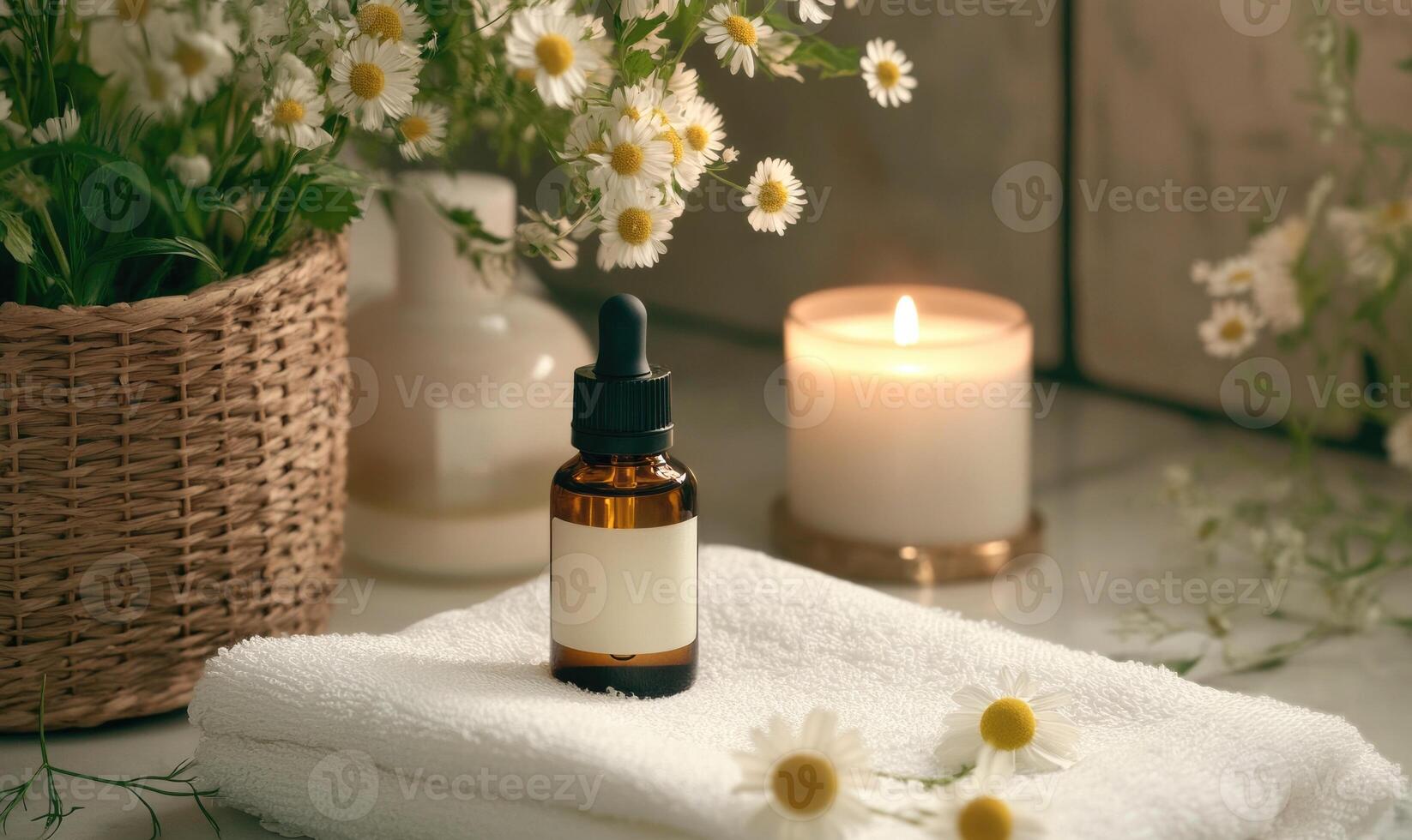A bottle of essential oil is on a white towel next to a candle photo