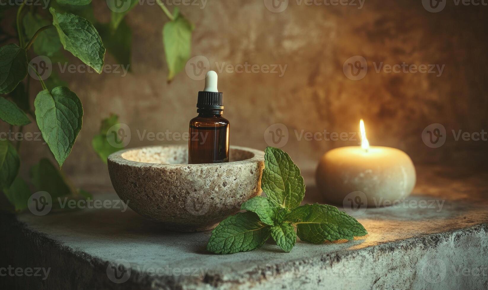 essential oils in a mortar and a candle photo