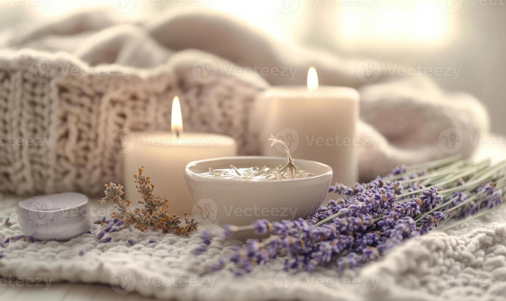A white bowl with lavender flowers and candles on a table photo