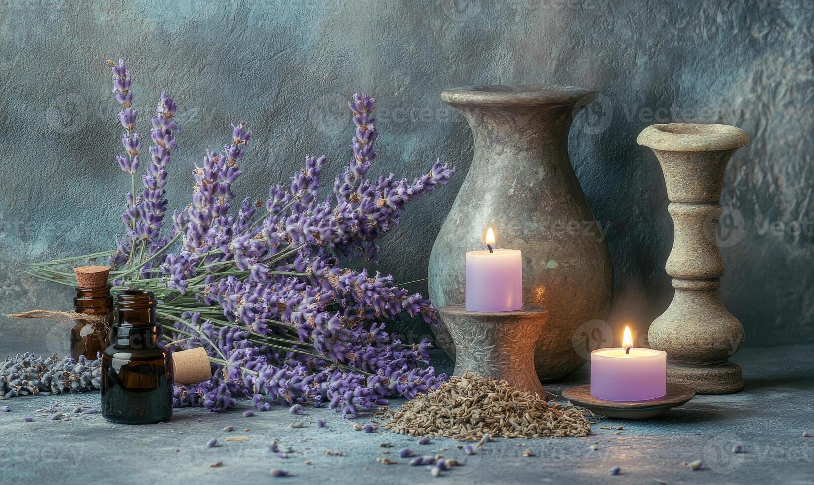A vase with candles and lavender flowers photo