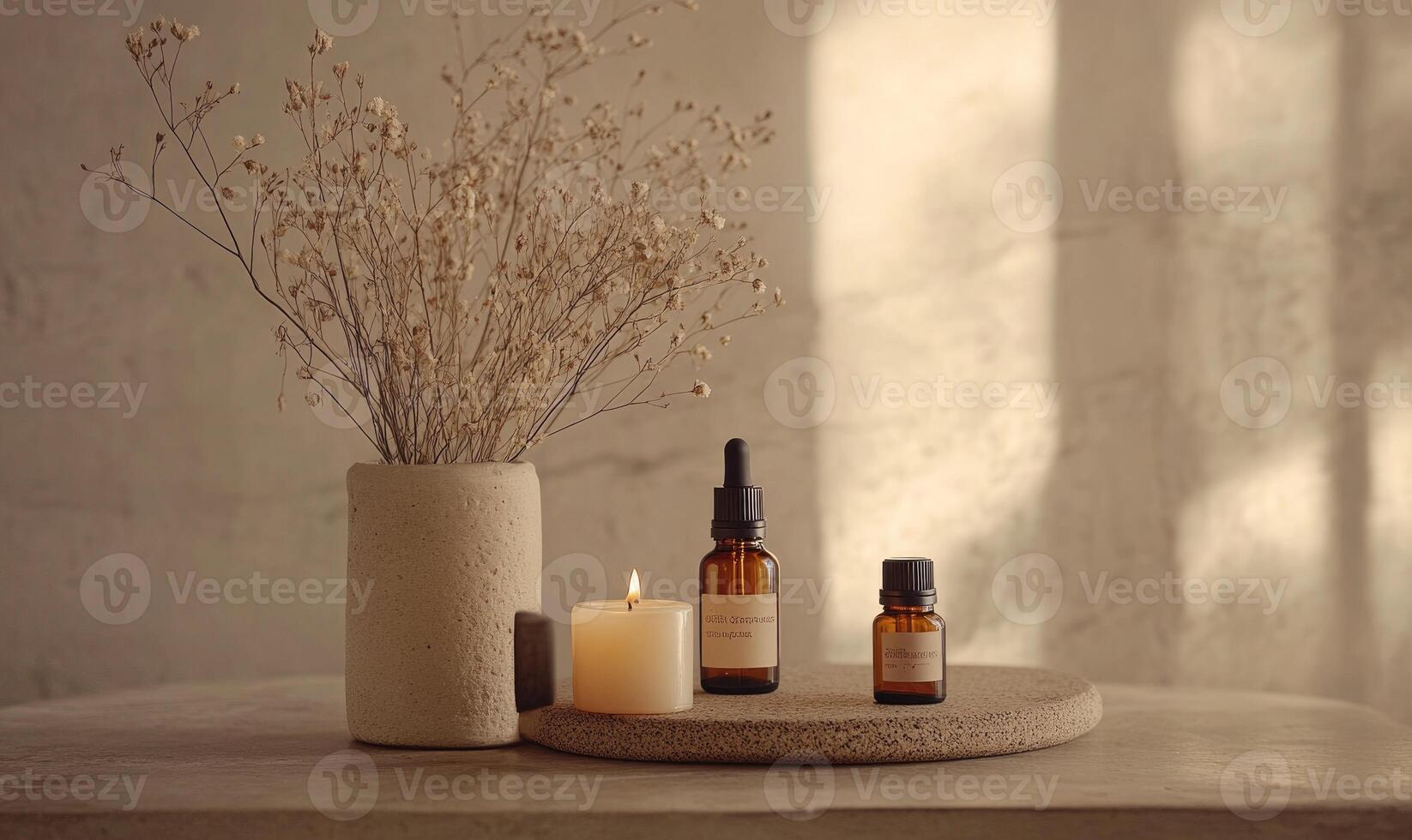 A vase with flowers and a candle sits on a table photo