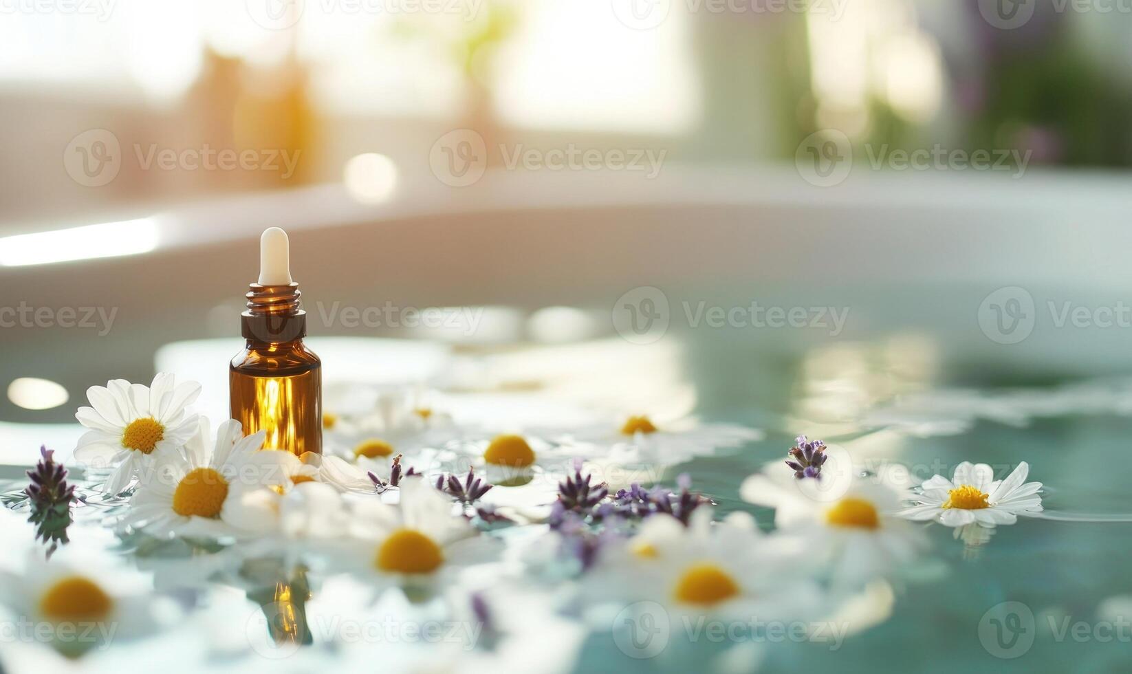 A bottle of essential oil is floating in a bathtub with flowers photo