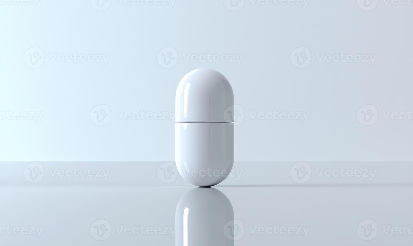 white pill on a table with a reflection photo