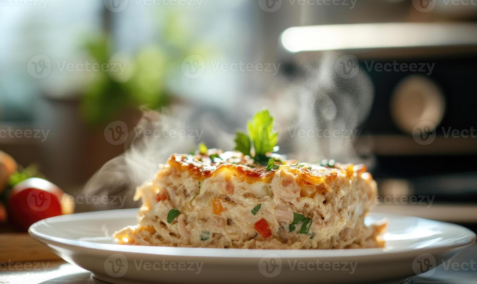 A plate of food with a piece of broccoli on top photo