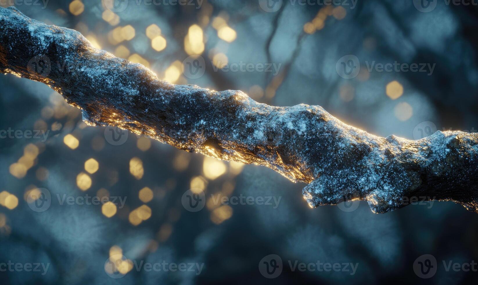 A branch with snow on it and a light shining on it photo