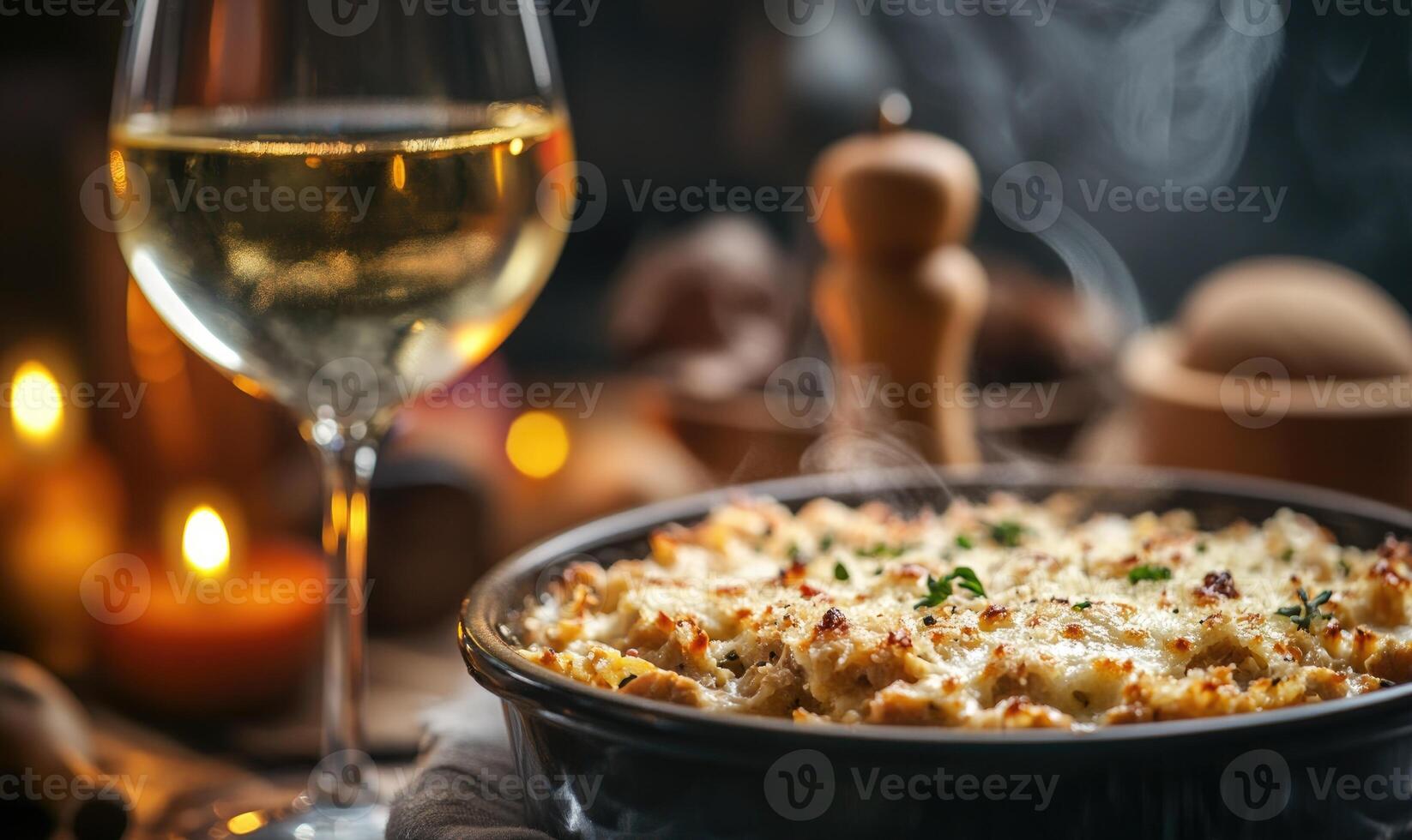A glass of white wine is on a table next to a dish of food photo