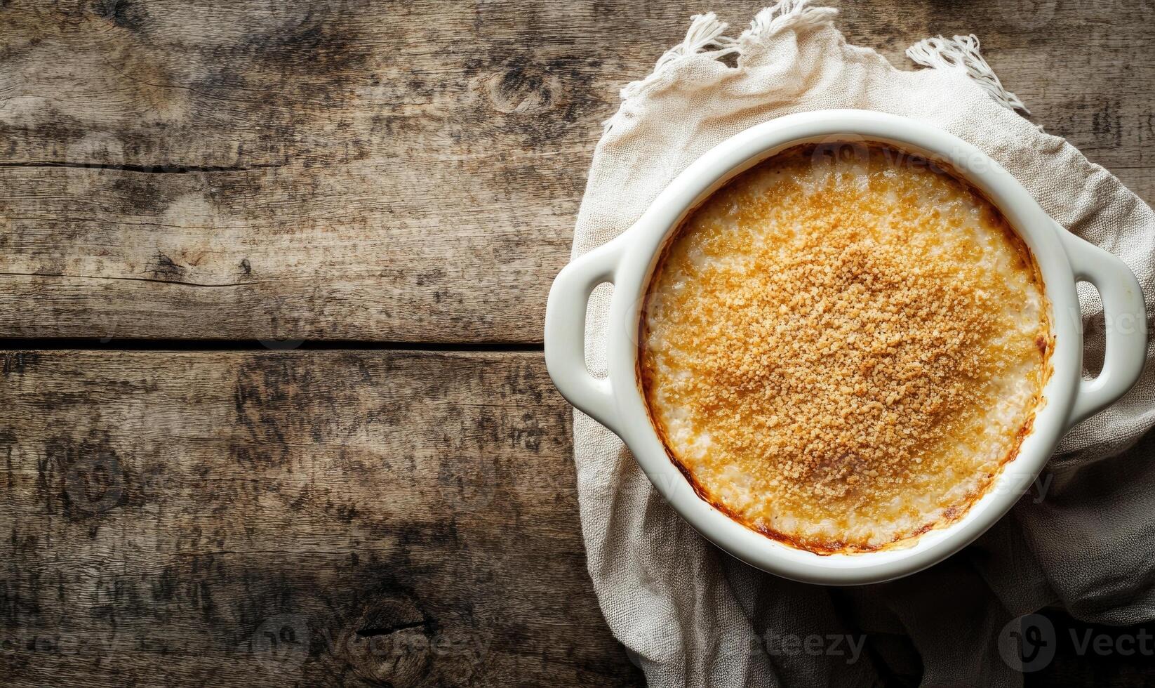 A white bowl with a brown topping on top of a wooden table photo