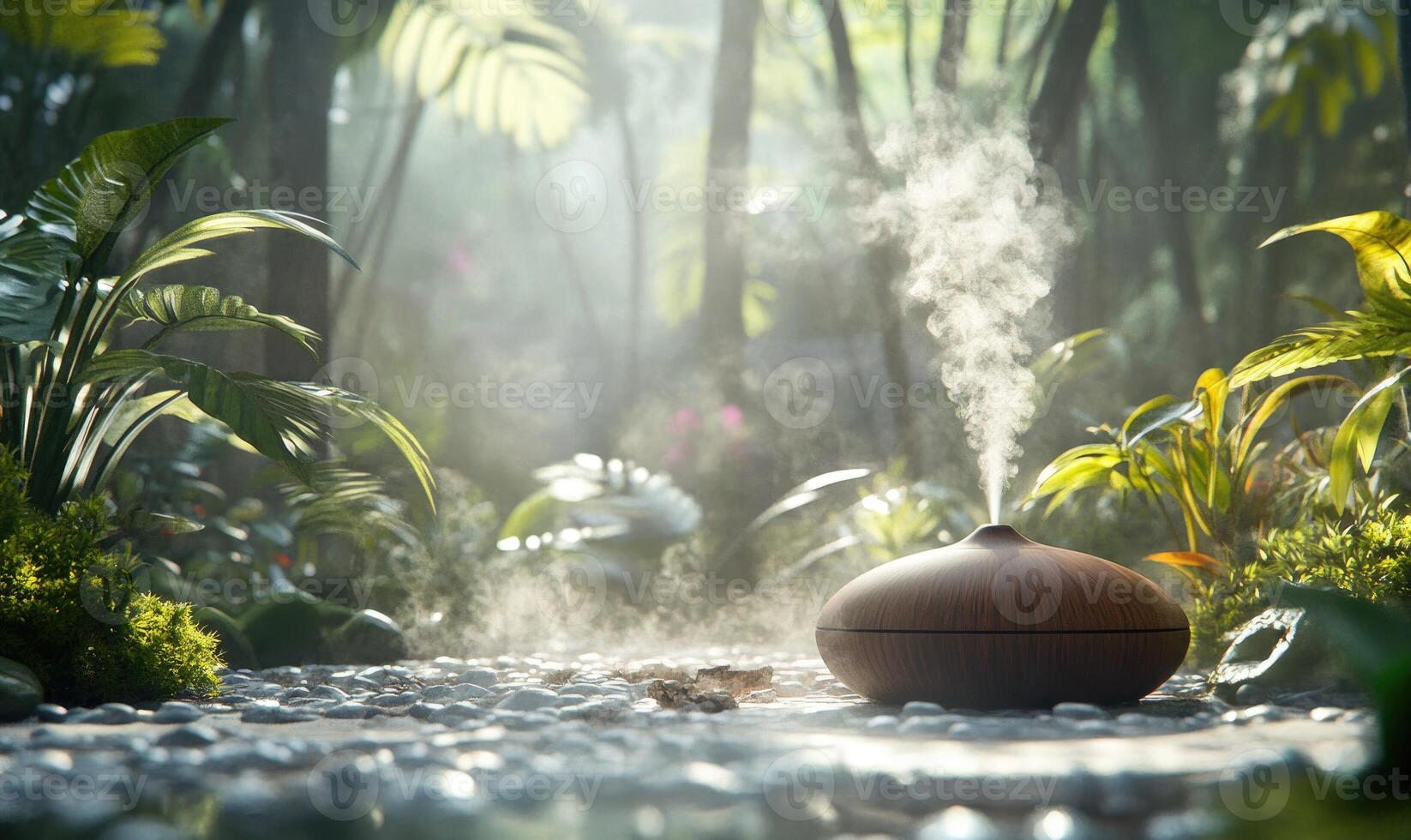 A small wooden diffuser is sitting on a rock in a forest photo