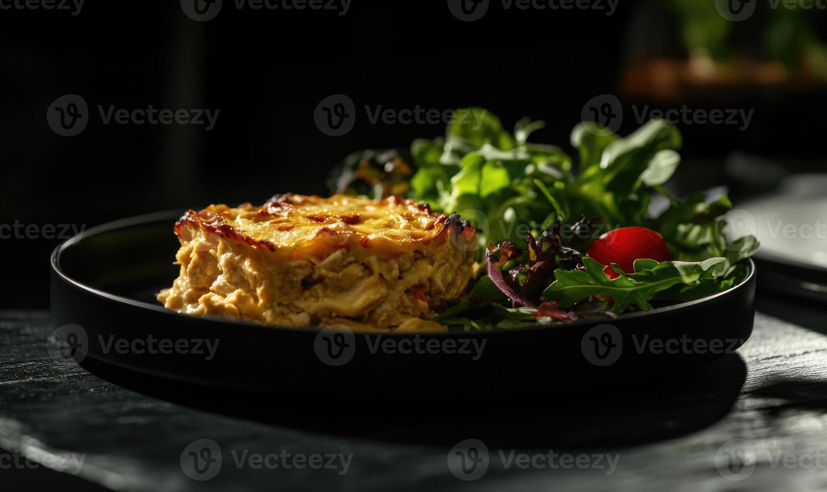 A plate of food with a baked dish and a salad photo