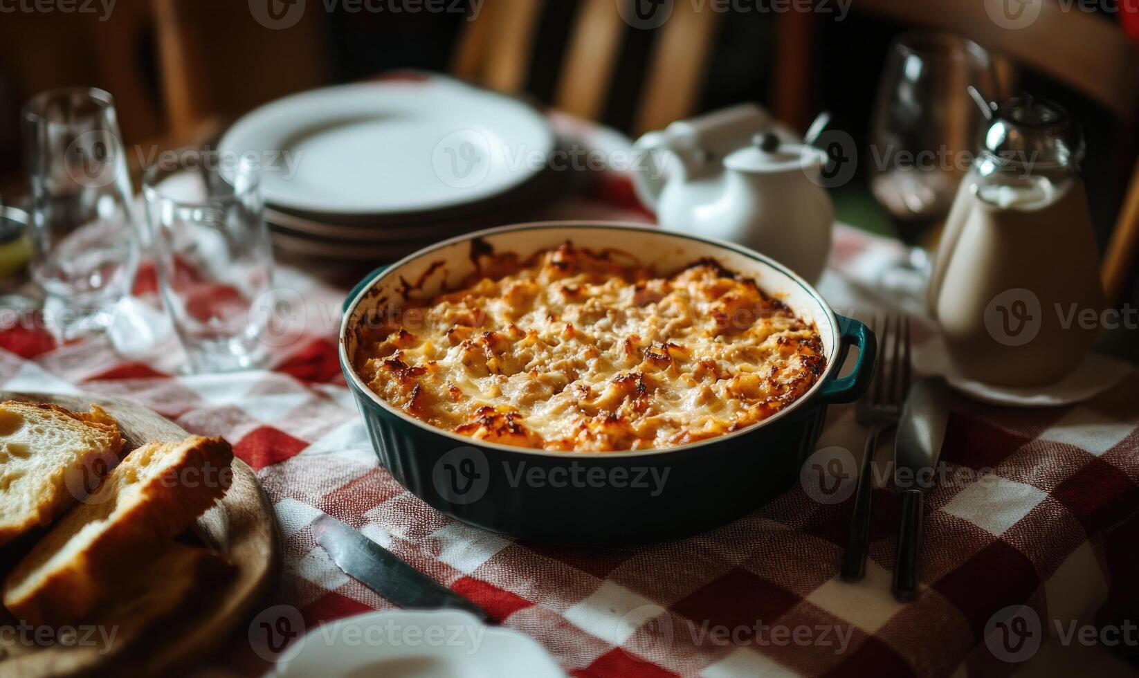 A large bowl of food is on a table with a red and white checkered tablecloth photo