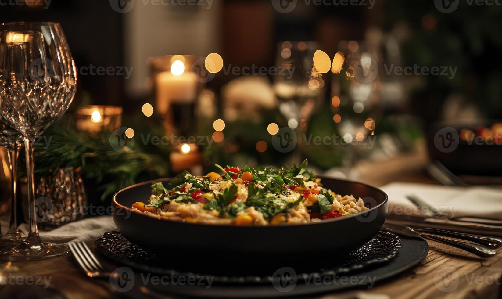 A black bowl of food sits on a table with a white napkin and a wine glass photo