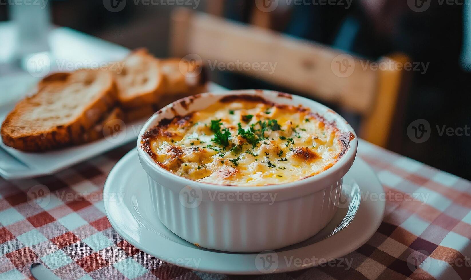 A white bowl of food sits on a red and white checkered table photo