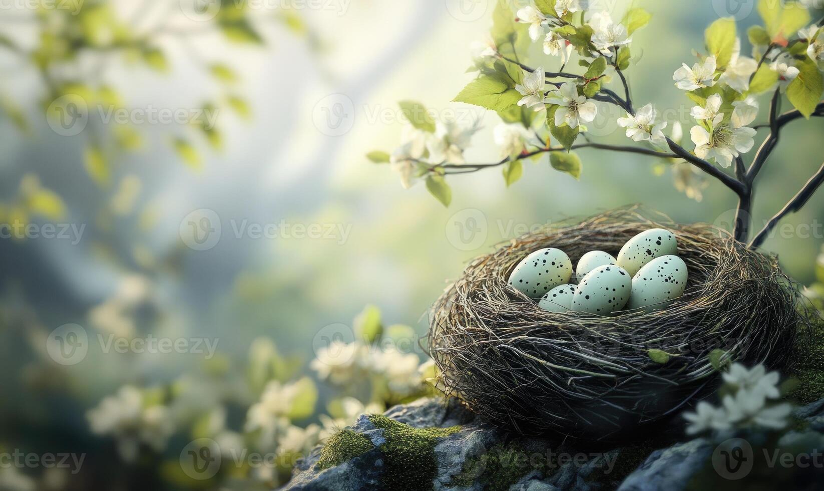 A nest of eggs is sitting on a rock photo