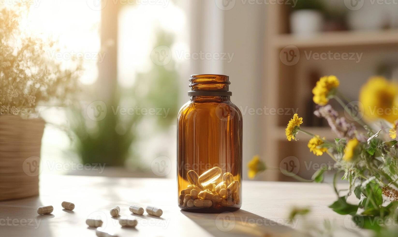 A bottle of pills is on a table next to a vase of flowers photo