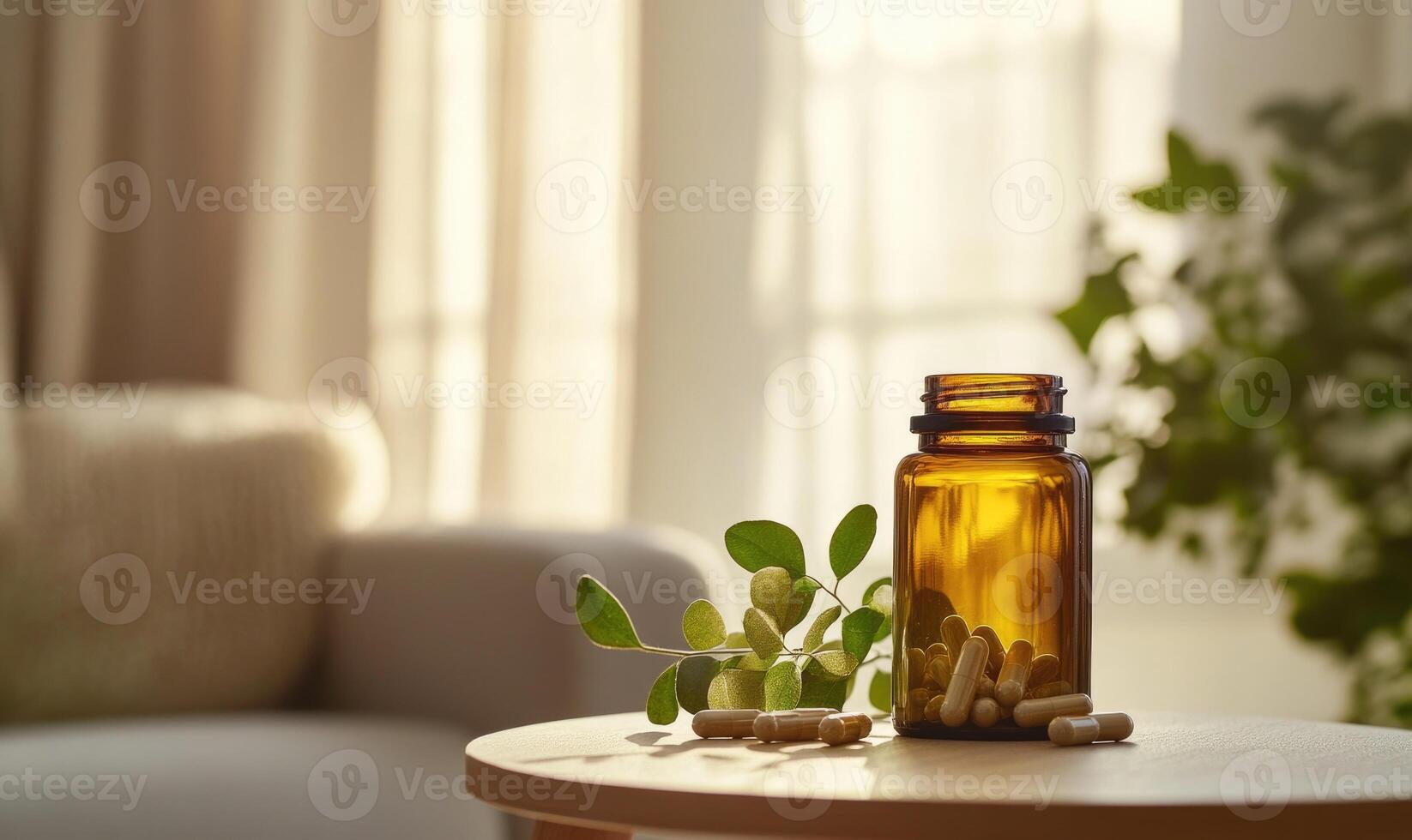 A bottle of pills is on a table next to a leaf photo